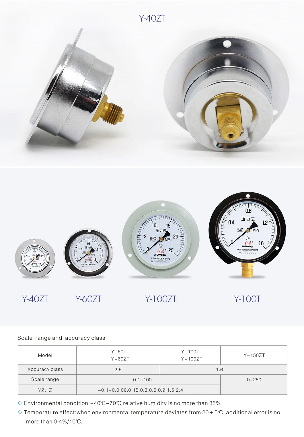 40mm Back Connection Bourdon Tube with Fangle Pressure Gauge