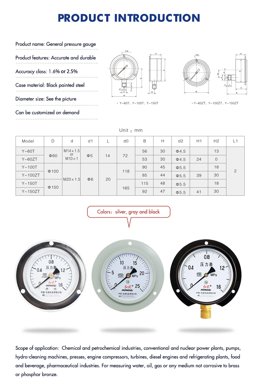 40mm Back Connection Bourdon Tube with Fangle Pressure Gauge